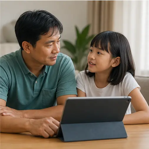 Parent and child discussing online safety beside a tablet