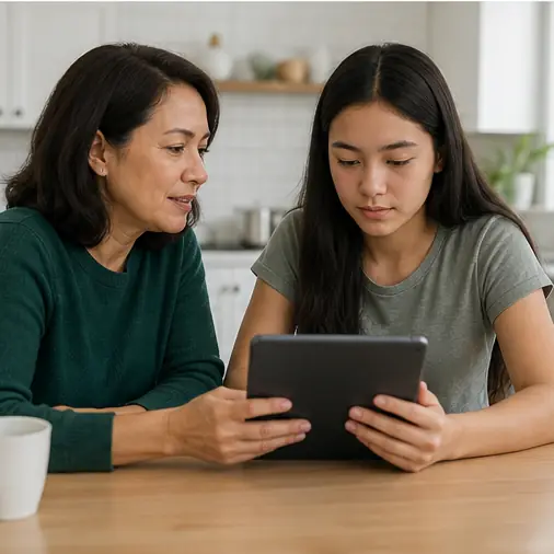 Parent and teenager reviewing online privacy together